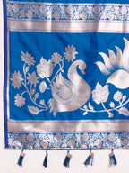 Fabrica Vibe Royal Blue Banarasi Woven Saree with Silver Zari Swan & Lotus Motifs