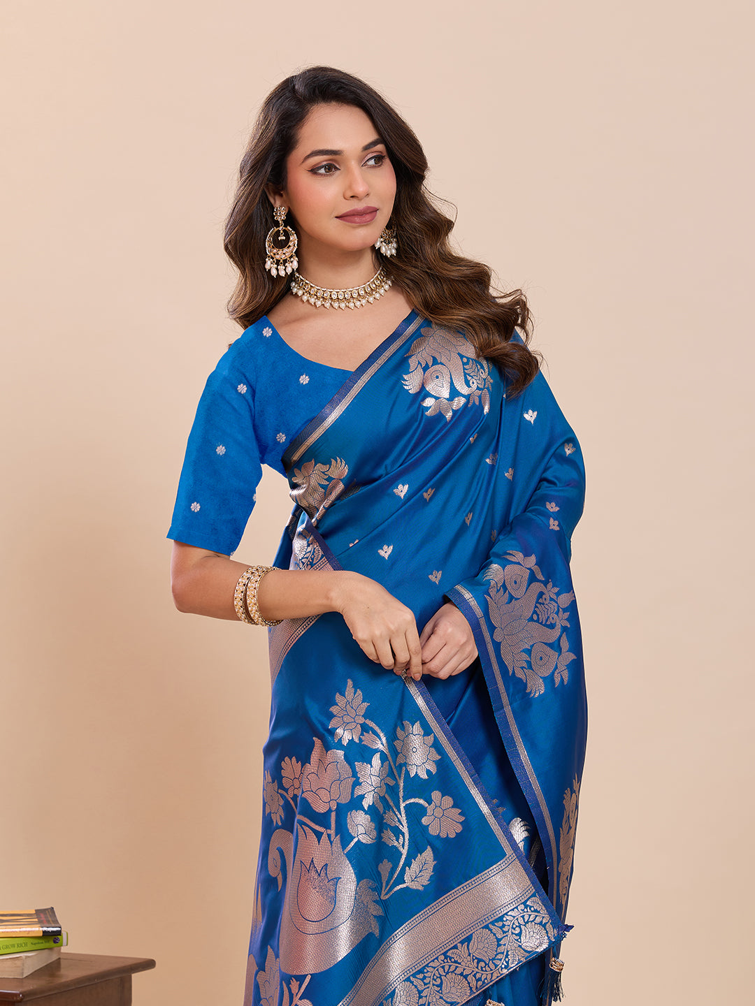 Fabrica Vibe Royal Blue Banarasi Woven Saree with Silver Zari Swan & Lotus Motifs