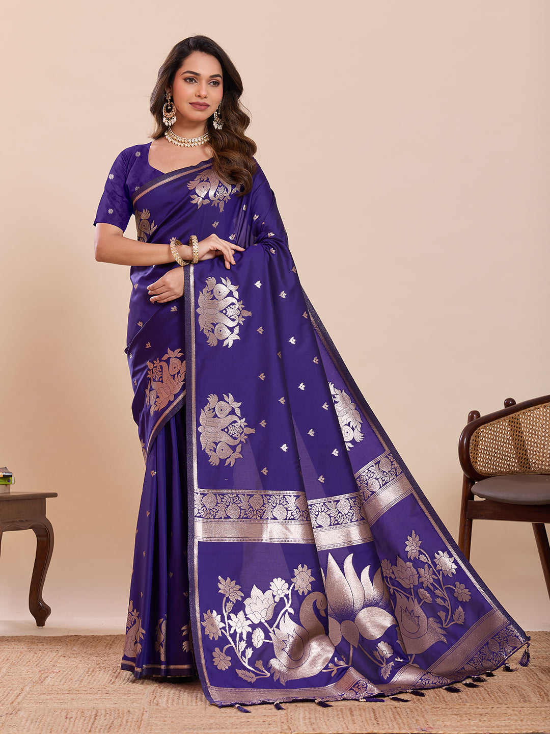 Fabrica Vibe Royal Purple Banarasi Woven Saree with Zari Swan & Lotus Pallu