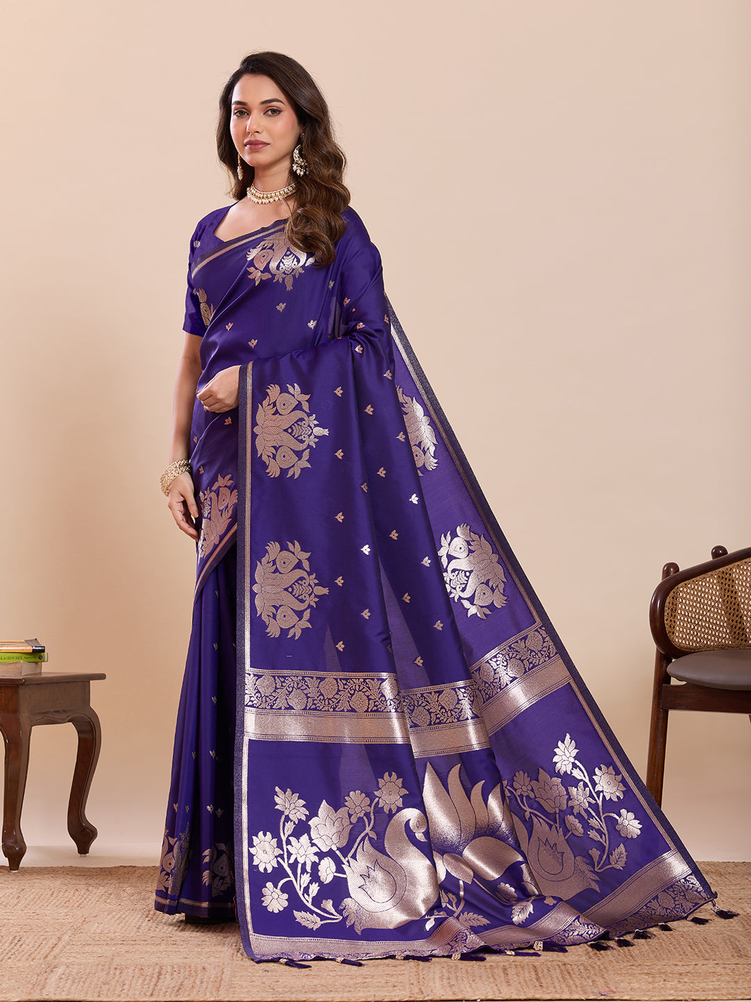 Fabrica Vibe Royal Purple Banarasi Woven Saree with Zari Swan & Lotus Pallu