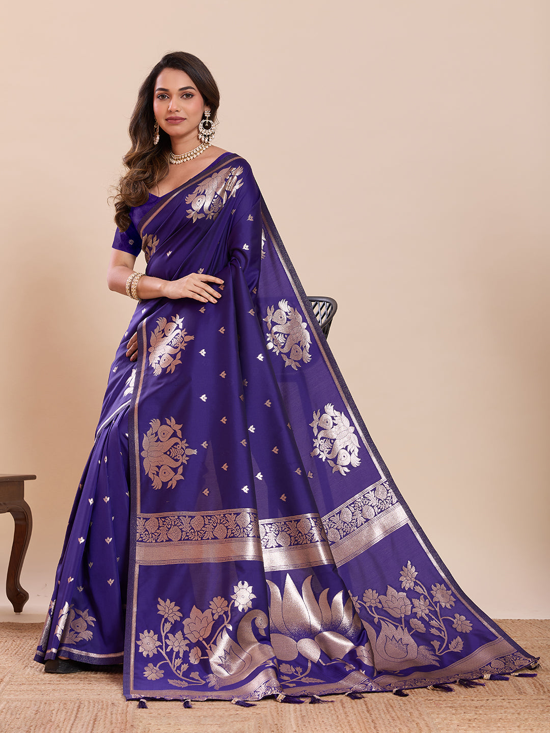 Fabrica Vibe Royal Purple Banarasi Woven Saree with Zari Swan & Lotus Pallu