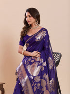 Fabrica Vibe Royal Purple Banarasi Woven Saree with Zari Swan & Lotus Pallu