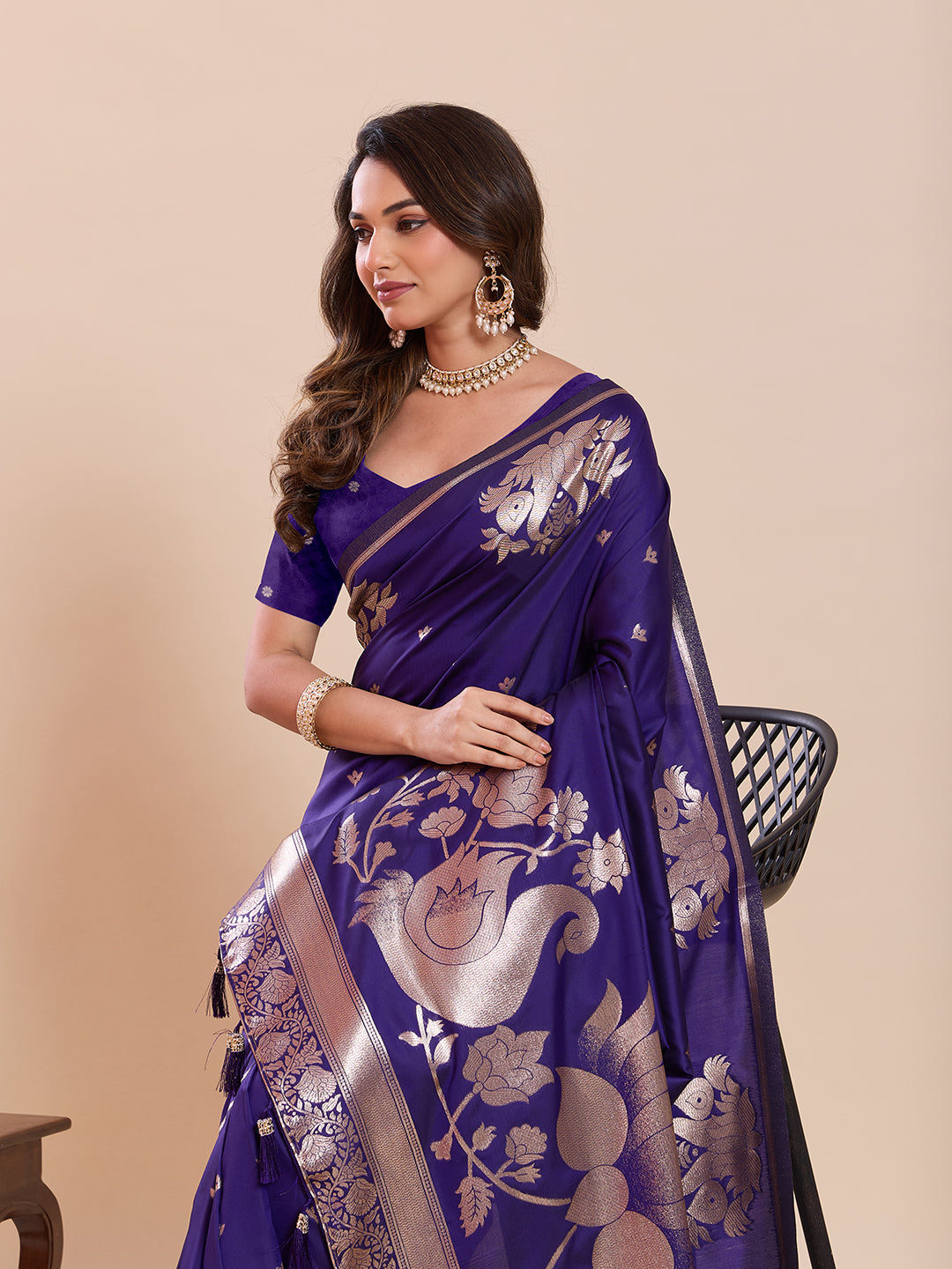Fabrica Vibe Royal Purple Banarasi Woven Saree with Zari Swan & Lotus Pallu