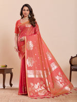 Fabrica Vibe Coral Pink Banarasi Inspired Silk Blend Saree with Golden Swan & Lotus Zari Weaving
