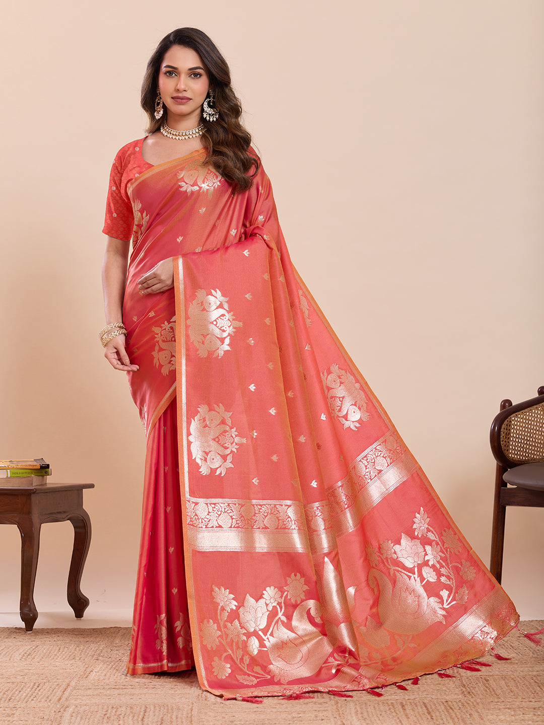Fabrica Vibe Coral Pink Banarasi Inspired Silk Blend Saree with Golden Swan & Lotus Zari Weaving