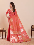 Fabrica Vibe Coral Pink Banarasi Inspired Silk Blend Saree with Golden Swan & Lotus Zari Weaving