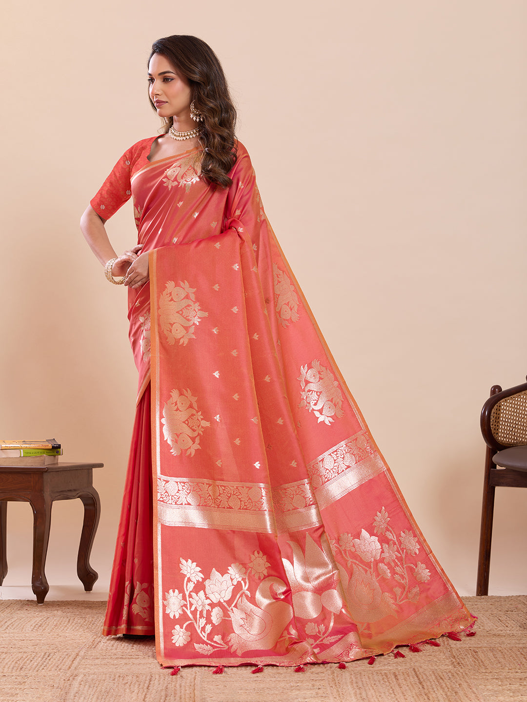 Fabrica Vibe Coral Pink Banarasi Inspired Silk Blend Saree with Golden Swan & Lotus Zari Weaving