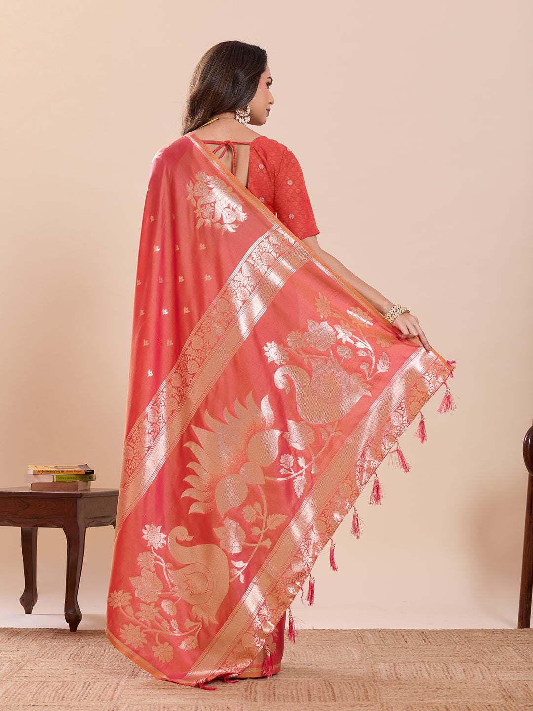 Fabrica Vibe Coral Pink Banarasi Inspired Silk Blend Saree with Golden Swan & Lotus Zari Weaving