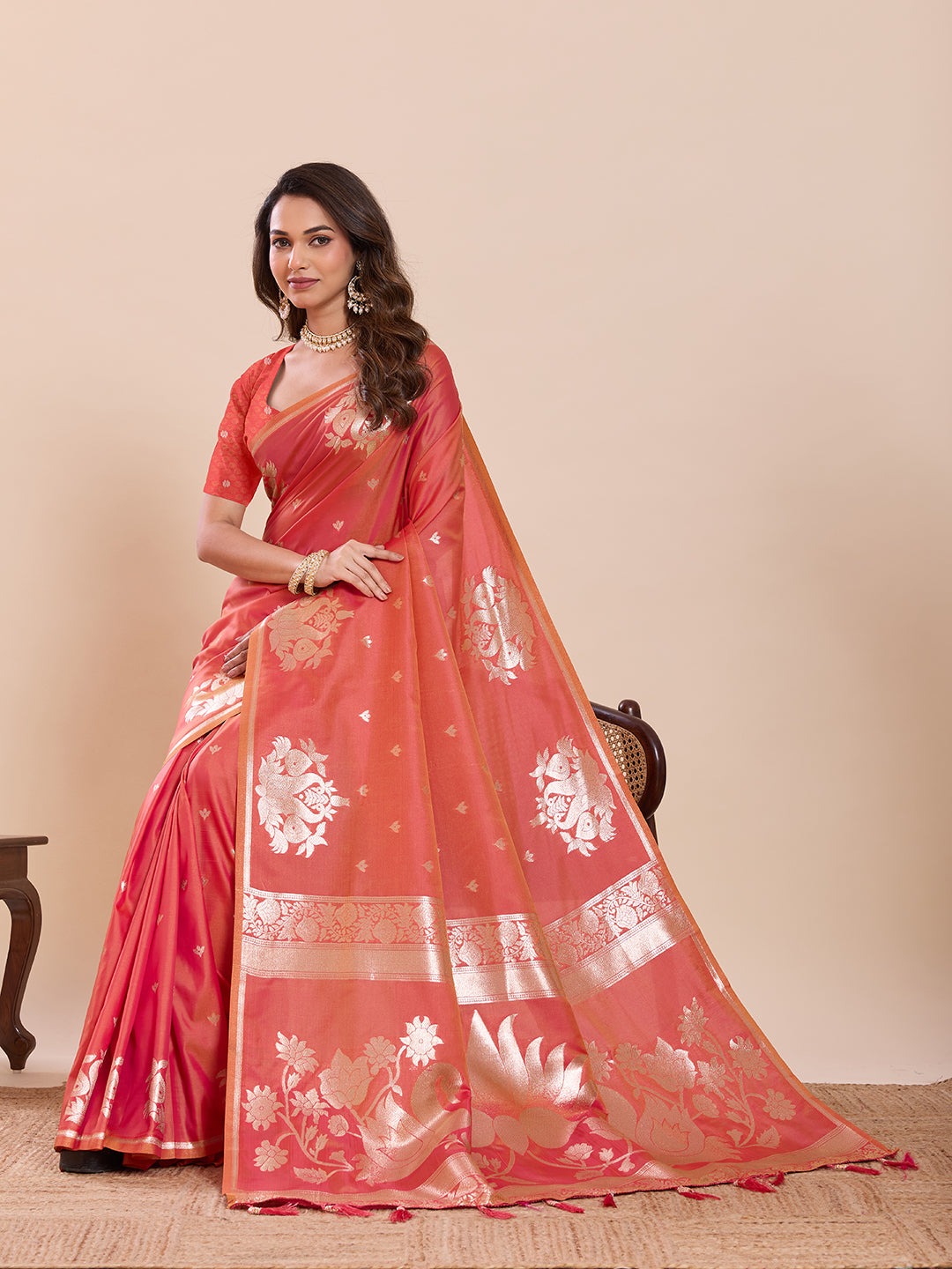 Fabrica Vibe Coral Pink Banarasi Inspired Silk Blend Saree with Golden Swan & Lotus Zari Weaving