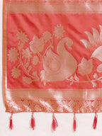 Fabrica Vibe Coral Pink Banarasi Inspired Silk Blend Saree with Golden Swan & Lotus Zari Weaving