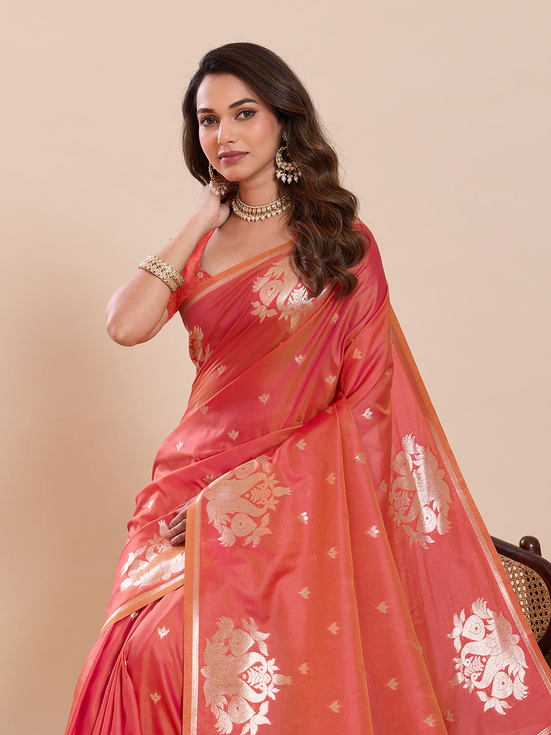 Fabrica Vibe Coral Pink Banarasi Inspired Silk Blend Saree with Golden Swan & Lotus Zari Weaving