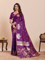 Fabrica Vibe Royal Purple Banarasi Inspired Silk Blend Saree with Swan & Lotus Zari Weaving