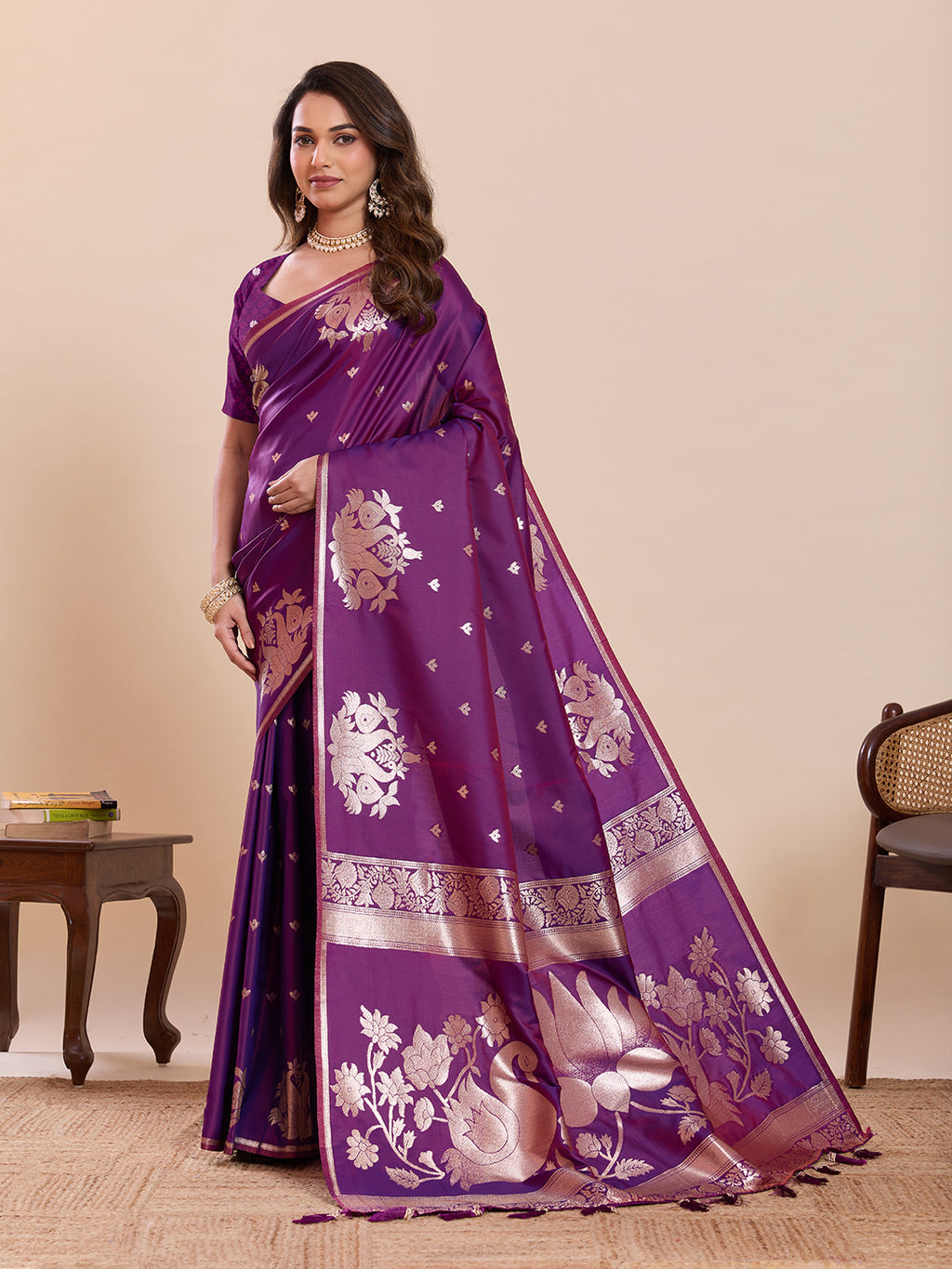 Fabrica Vibe Royal Purple Banarasi Inspired Silk Blend Saree with Swan & Lotus Zari Weaving