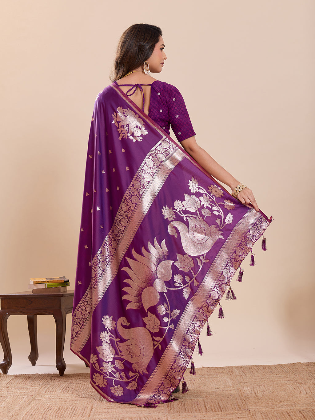 Fabrica Vibe Royal Purple Banarasi Inspired Silk Blend Saree with Swan & Lotus Zari Weaving