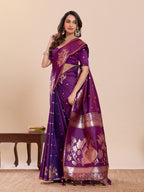 Fabrica Vibe Royal Purple Banarasi Inspired Silk Blend Saree with Swan & Lotus Zari Weaving