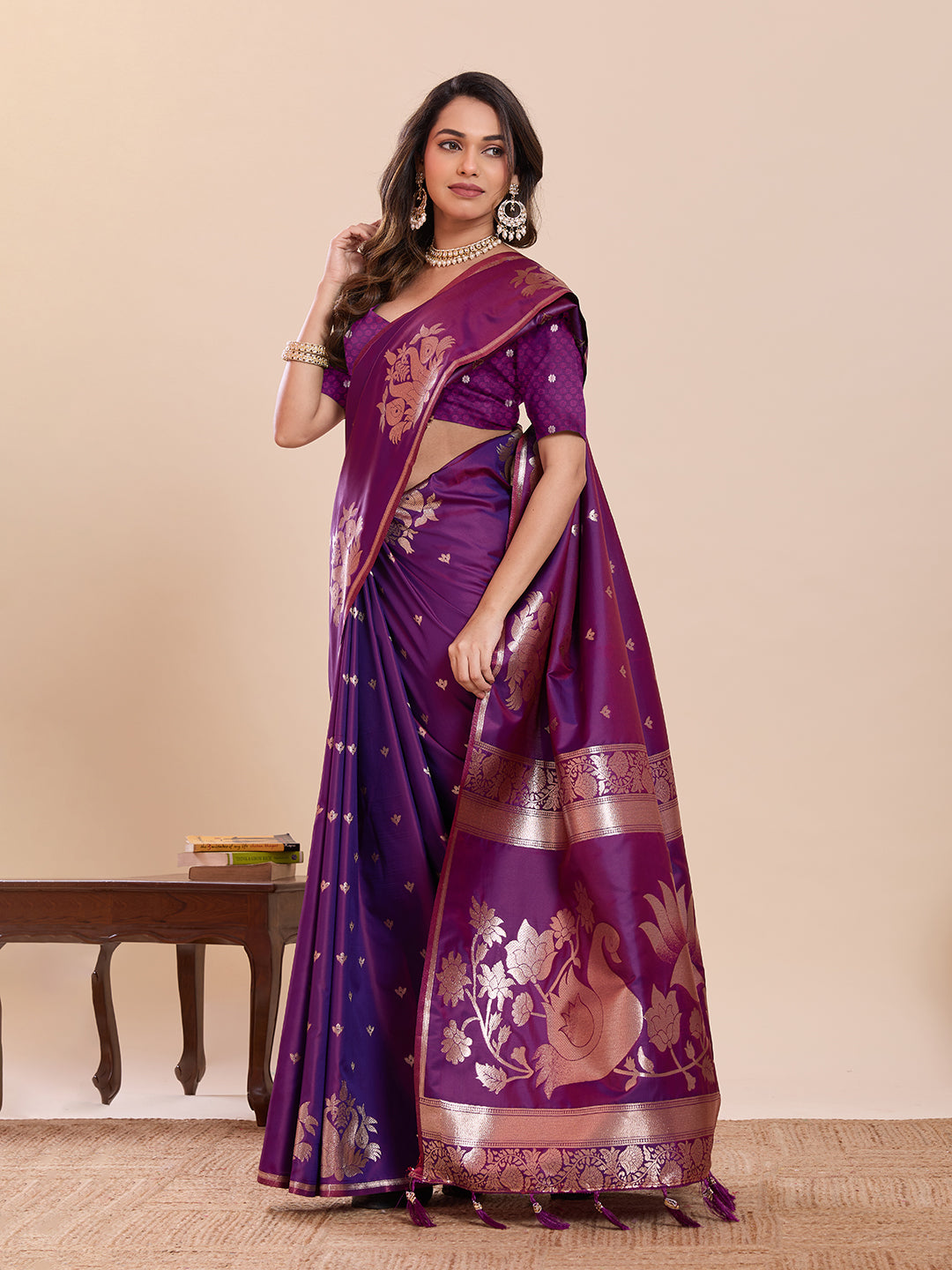 Fabrica Vibe Royal Purple Banarasi Inspired Silk Blend Saree with Swan & Lotus Zari Weaving