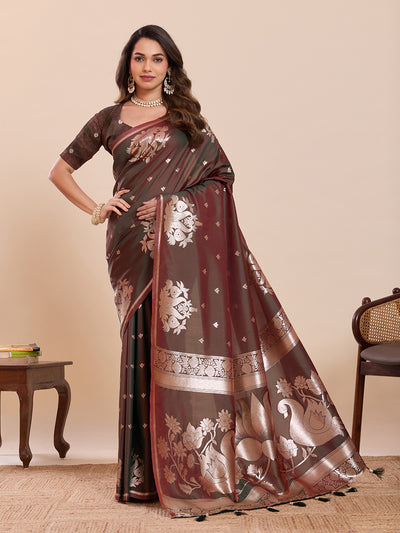 Fabrica Vibe Brown & Maroon Art Silk Saree with Zari Swan and Lotus Woven Pallu