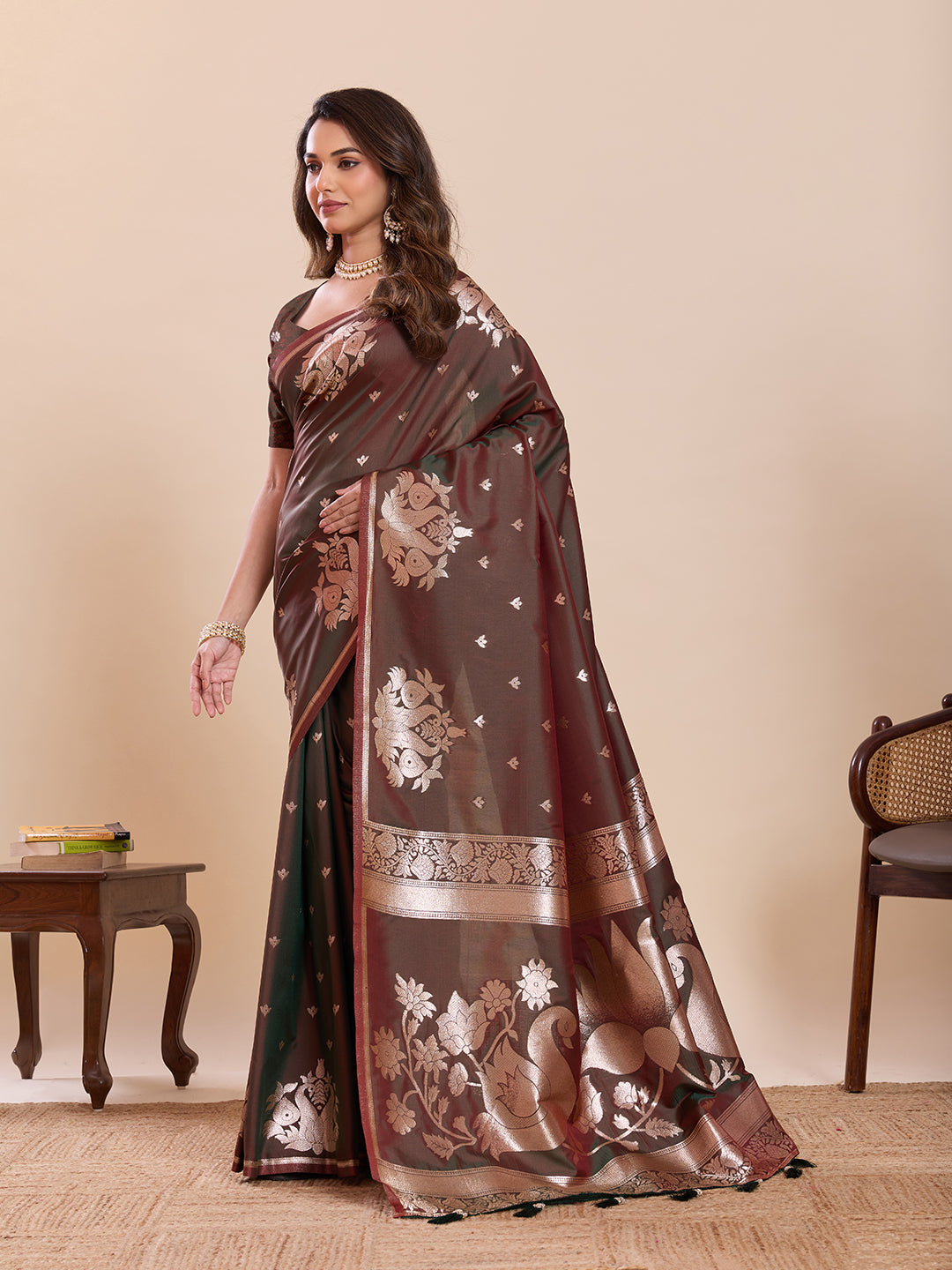 Fabrica Vibe Brown & Maroon Art Silk Saree with Zari Swan and Lotus Woven Pallu