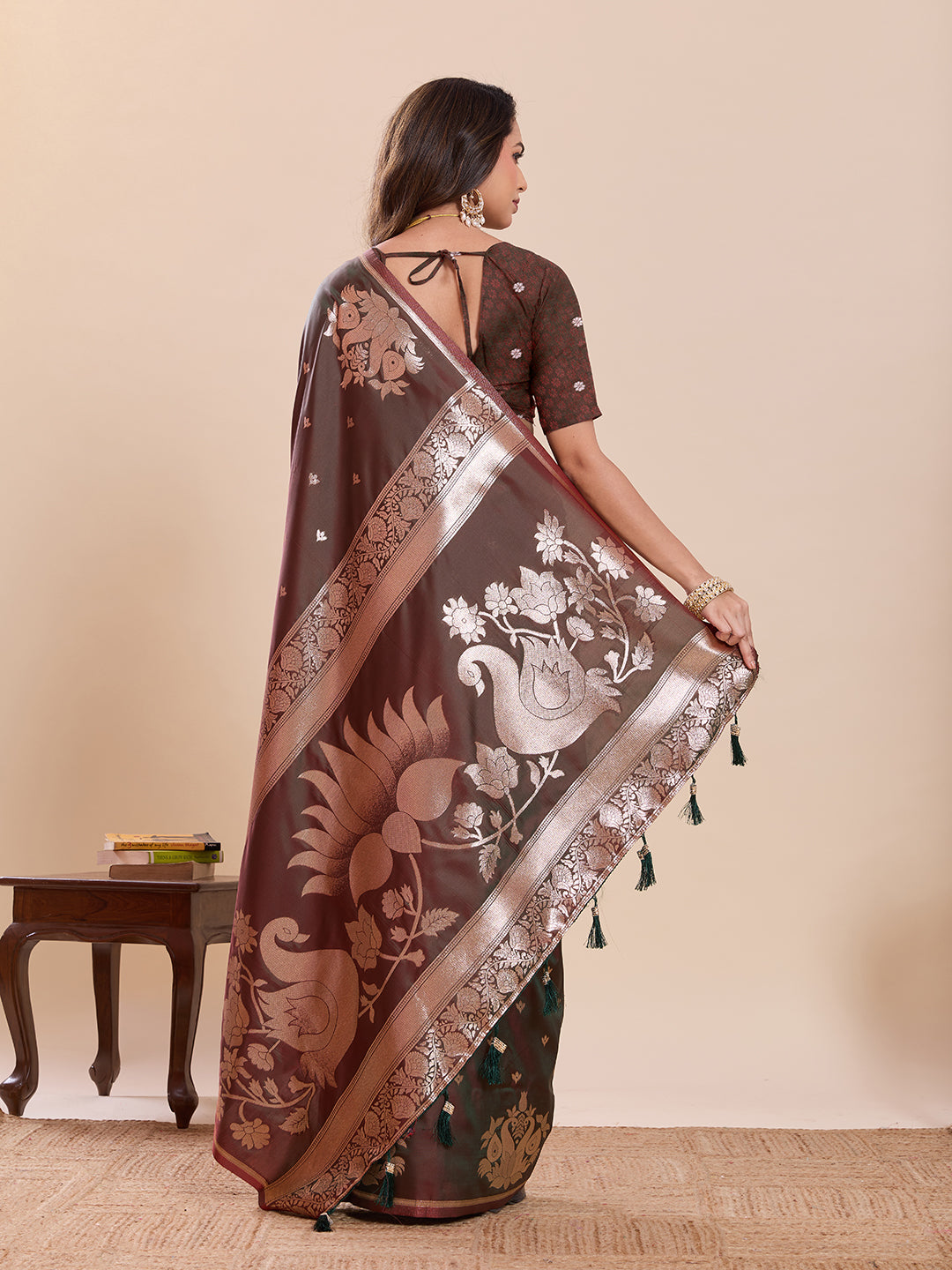 Fabrica Vibe Brown & Maroon Art Silk Saree with Zari Swan and Lotus Woven Pallu