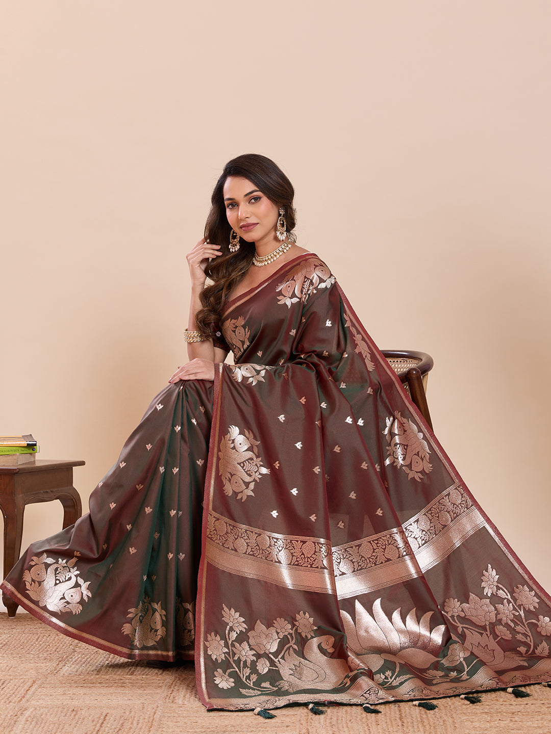 Fabrica Vibe Brown & Maroon Art Silk Saree with Zari Swan and Lotus Woven Pallu