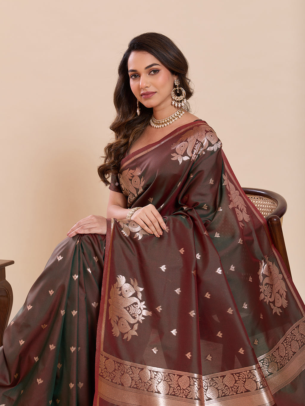 Fabrica Vibe Brown & Maroon Art Silk Saree with Zari Swan and Lotus Woven Pallu