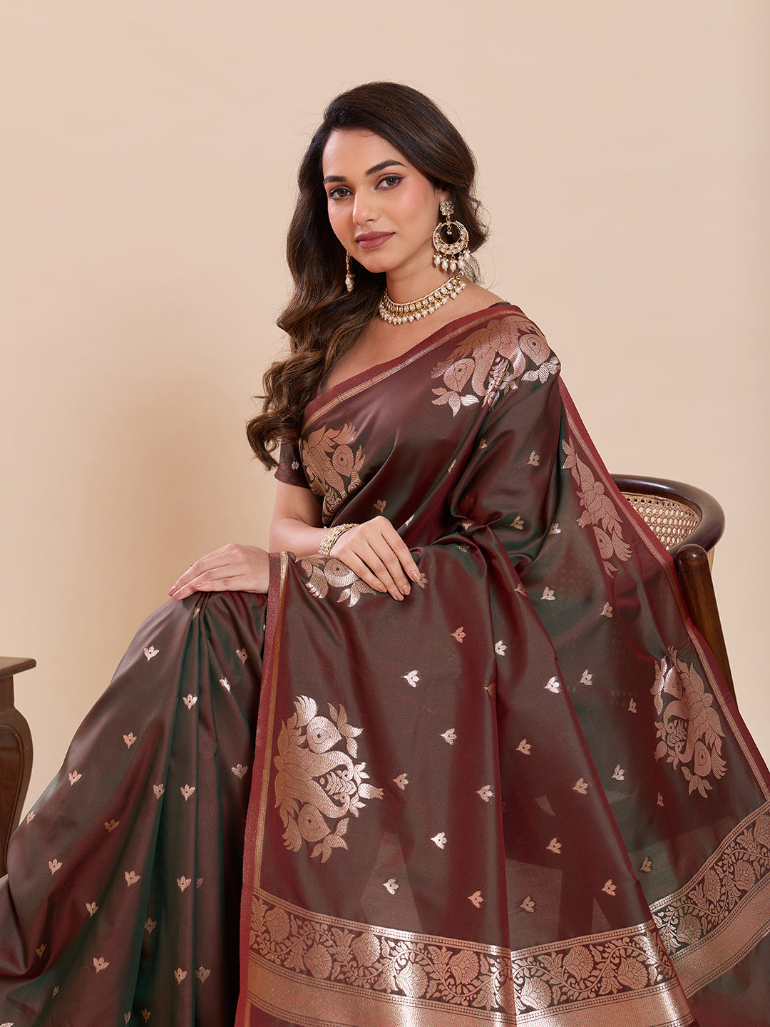 Fabrica Vibe Brown & Maroon Art Silk Saree with Zari Swan and Lotus Woven Pallu
