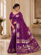 Fabrica Vibe Royal Purple Banarasi Inspired Silk Blend Saree with Swan & Lotus Zari Weaving