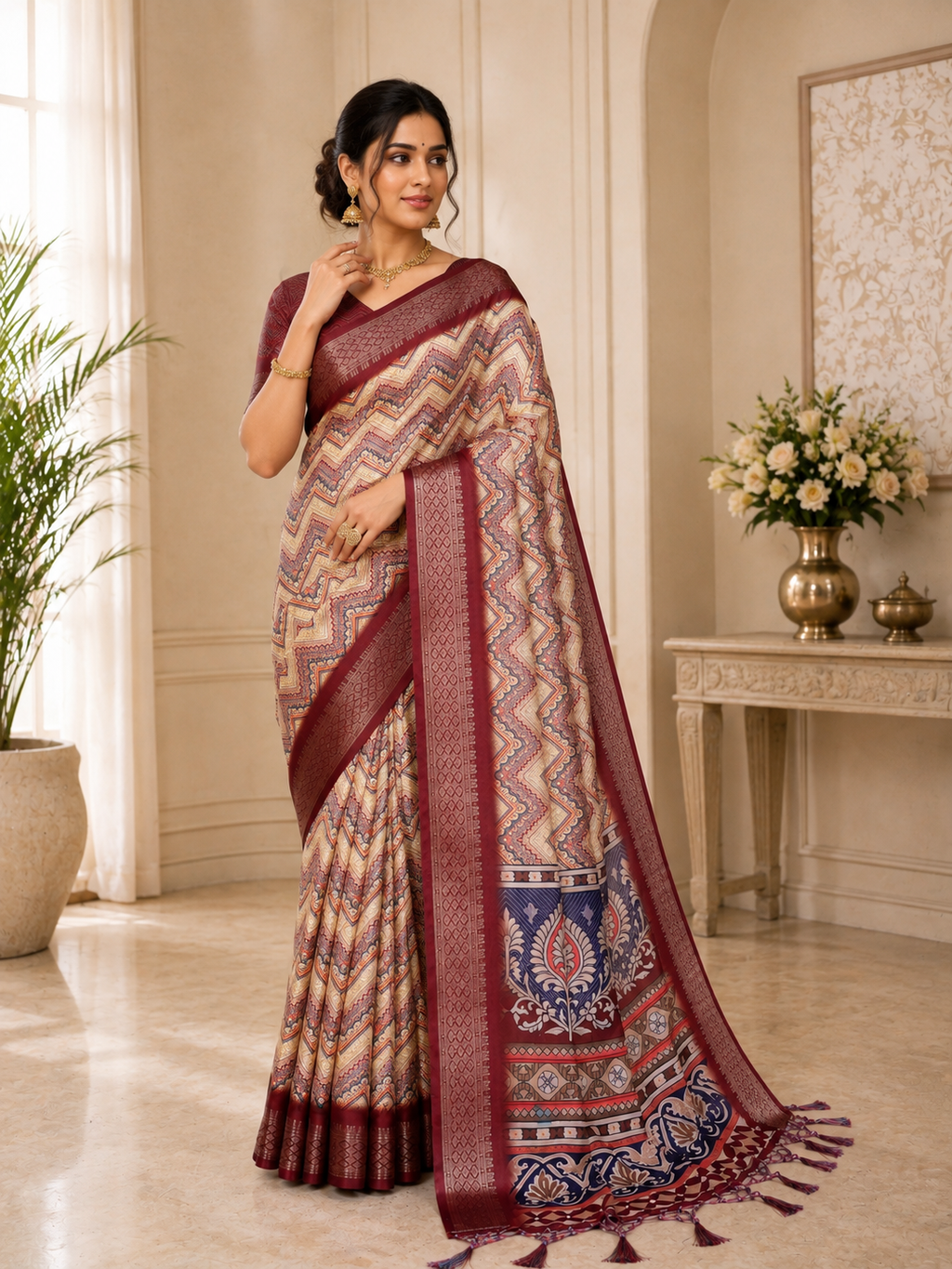 Fabrica Vibe Women's Premium Handwoven Cotton Chevron Woven Saree with Designer Border & Unstitched Blouse | Maroon Multi Traditional Handloom