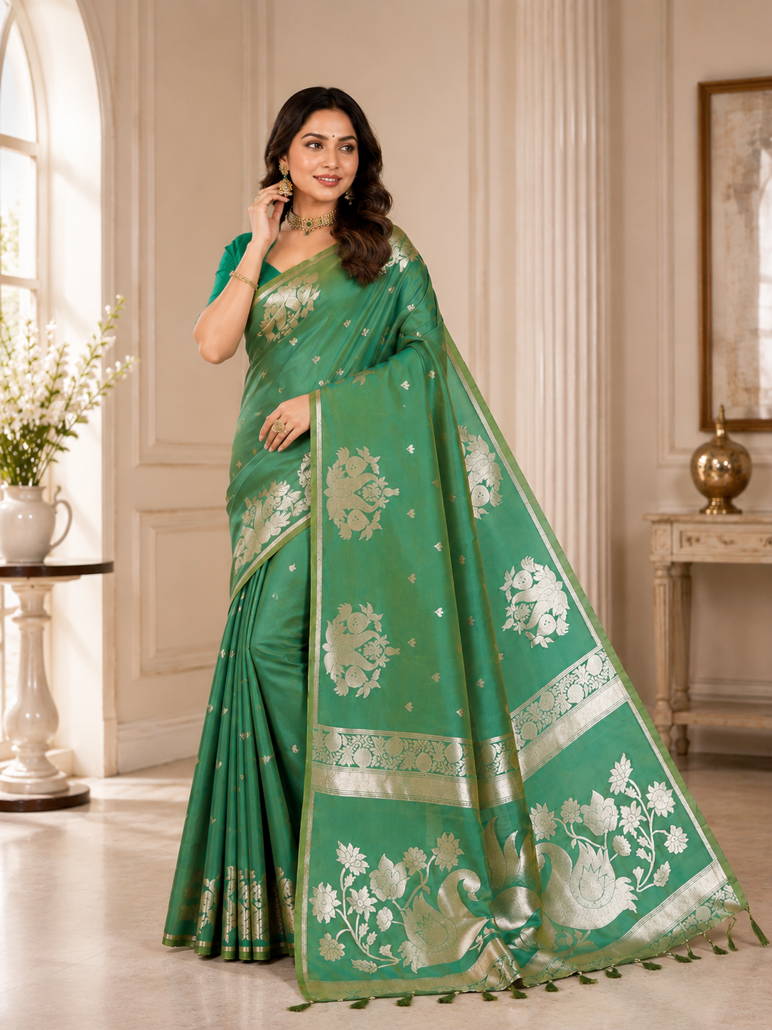 Fabrica Vibe Sea Green Banarasi Inspired Art Silk Saree with Gold Zari Floral & Swan Motifs