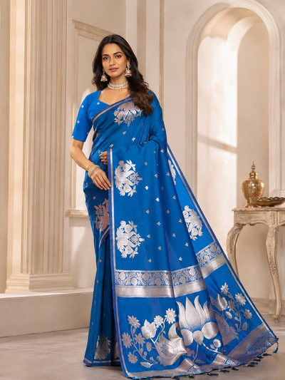Fabrica Vibe Royal Blue Banarasi Woven Saree with Silver Zari Swan & Lotus Motifs