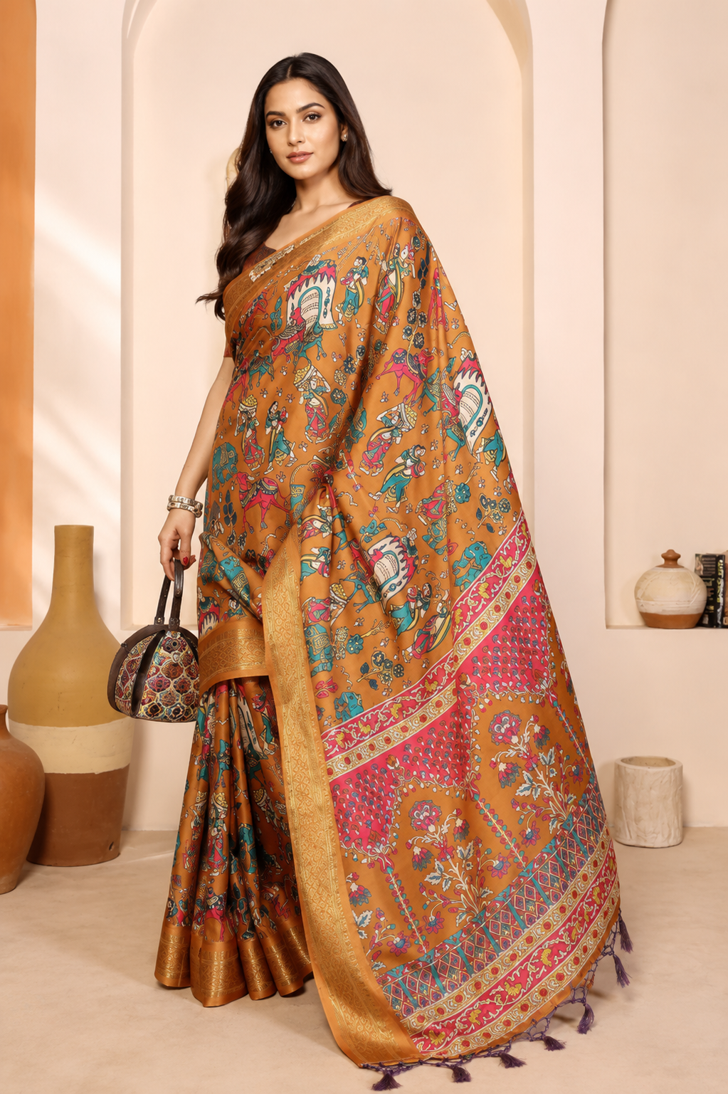 Fabrica Vibe Premium Cotton Silk Kalamkari Print Saree with Zari Woven Border