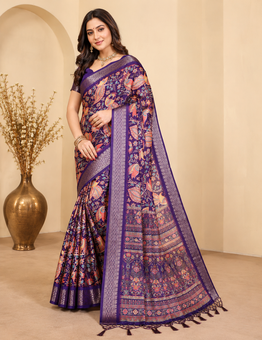 Fabrica Vibe Premium Cotton Silk Purple Kalamkari Print Saree with Zari Woven Border