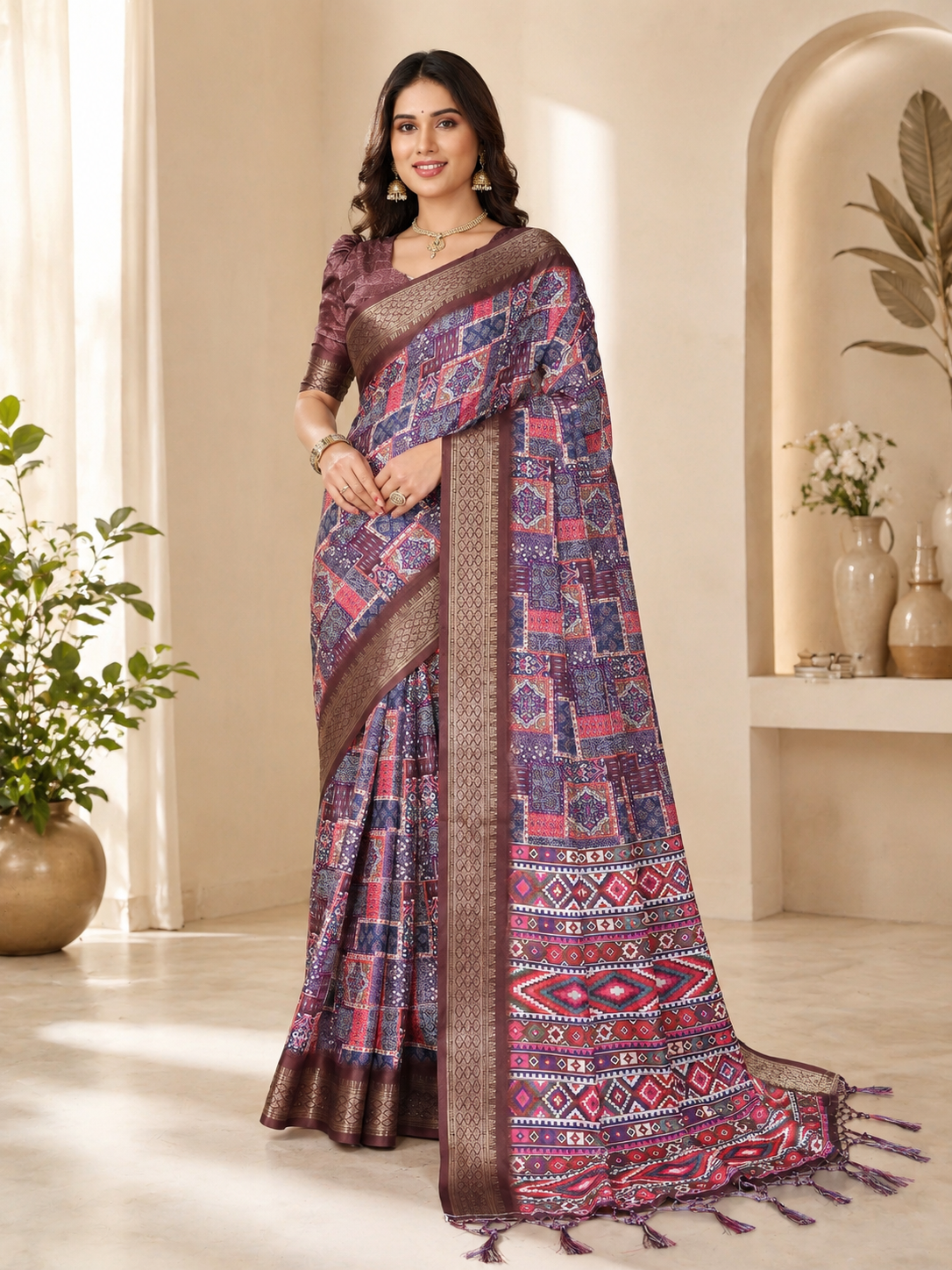 Fabrica Vibe Purple Floral Handwoven Cotton Saree with Unstitched Blouse Piece