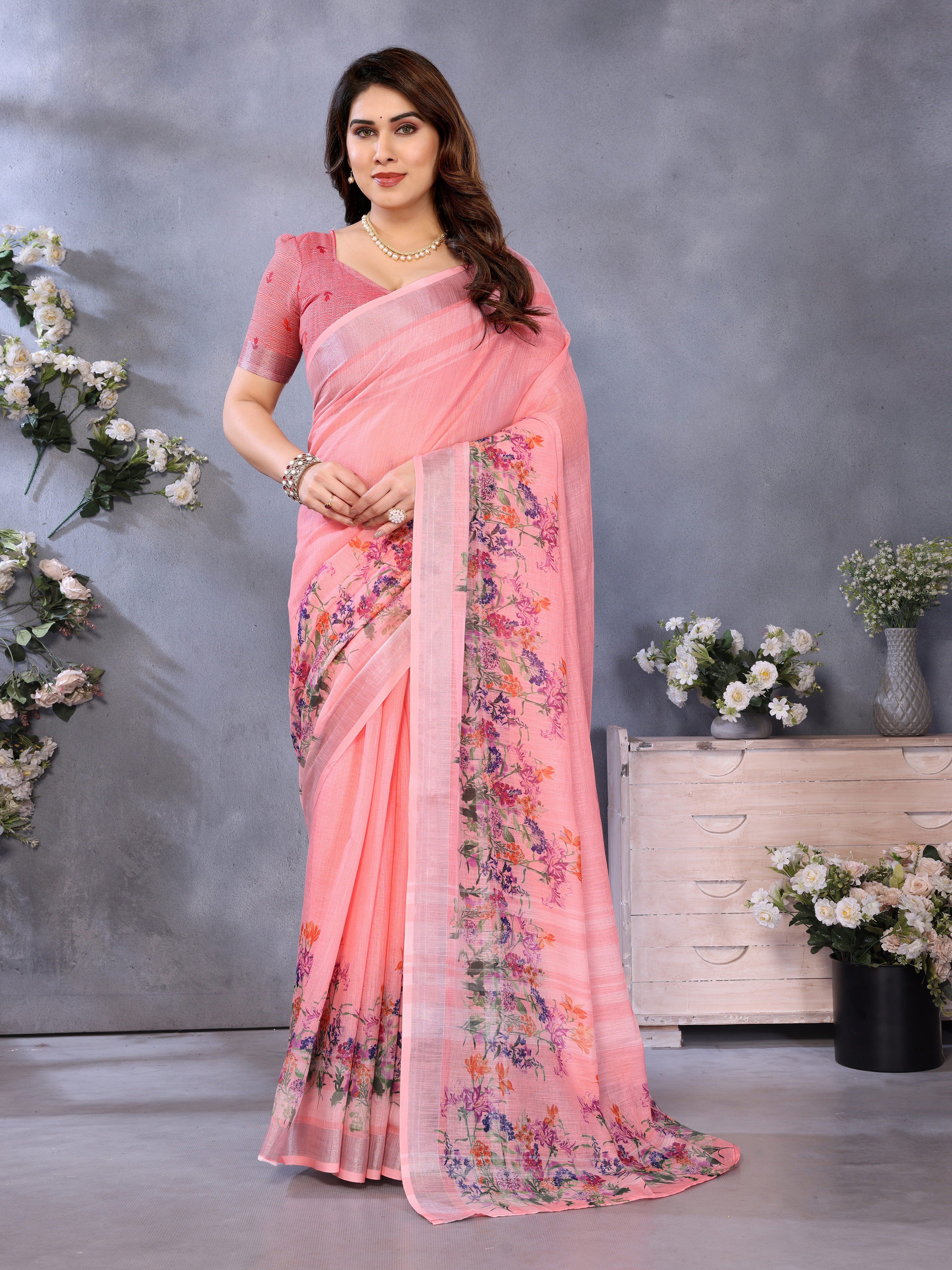 Fabrica Vibe Peach Floral Handwoven LINEN Saree with Printed Border & Blouse Piece