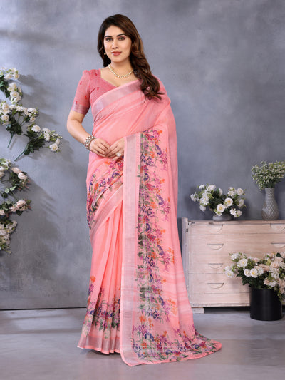 Fabrica Vibe Peach Floral Handwoven LINEN Saree with Printed Border & Blouse Piece