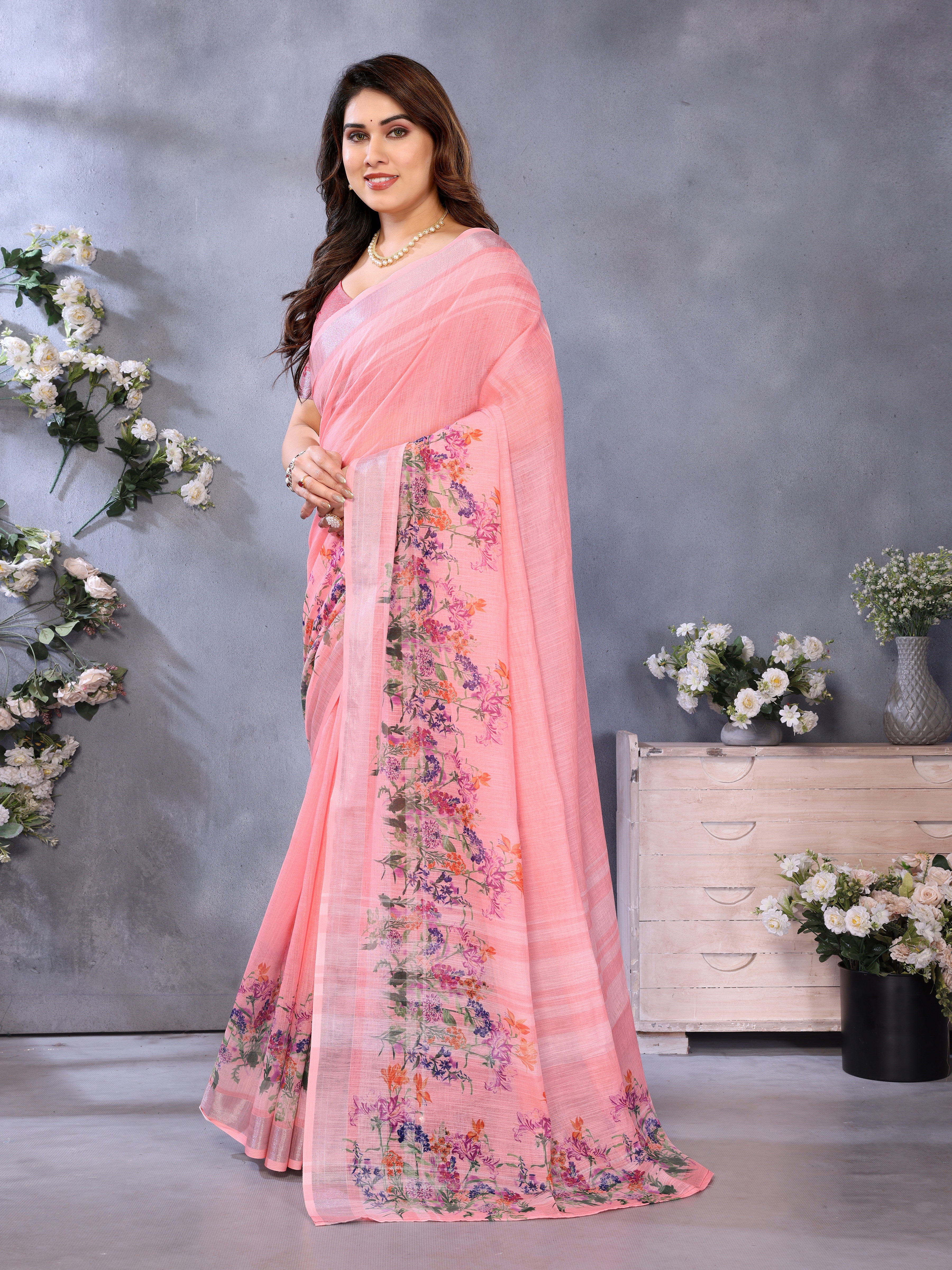 Fabrica Vibe Peach Floral Handwoven LINEN Saree with Printed Border & Blouse Piece