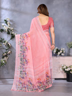 Fabrica Vibe Peach Floral Handwoven LINEN Saree with Printed Border & Blouse Piece