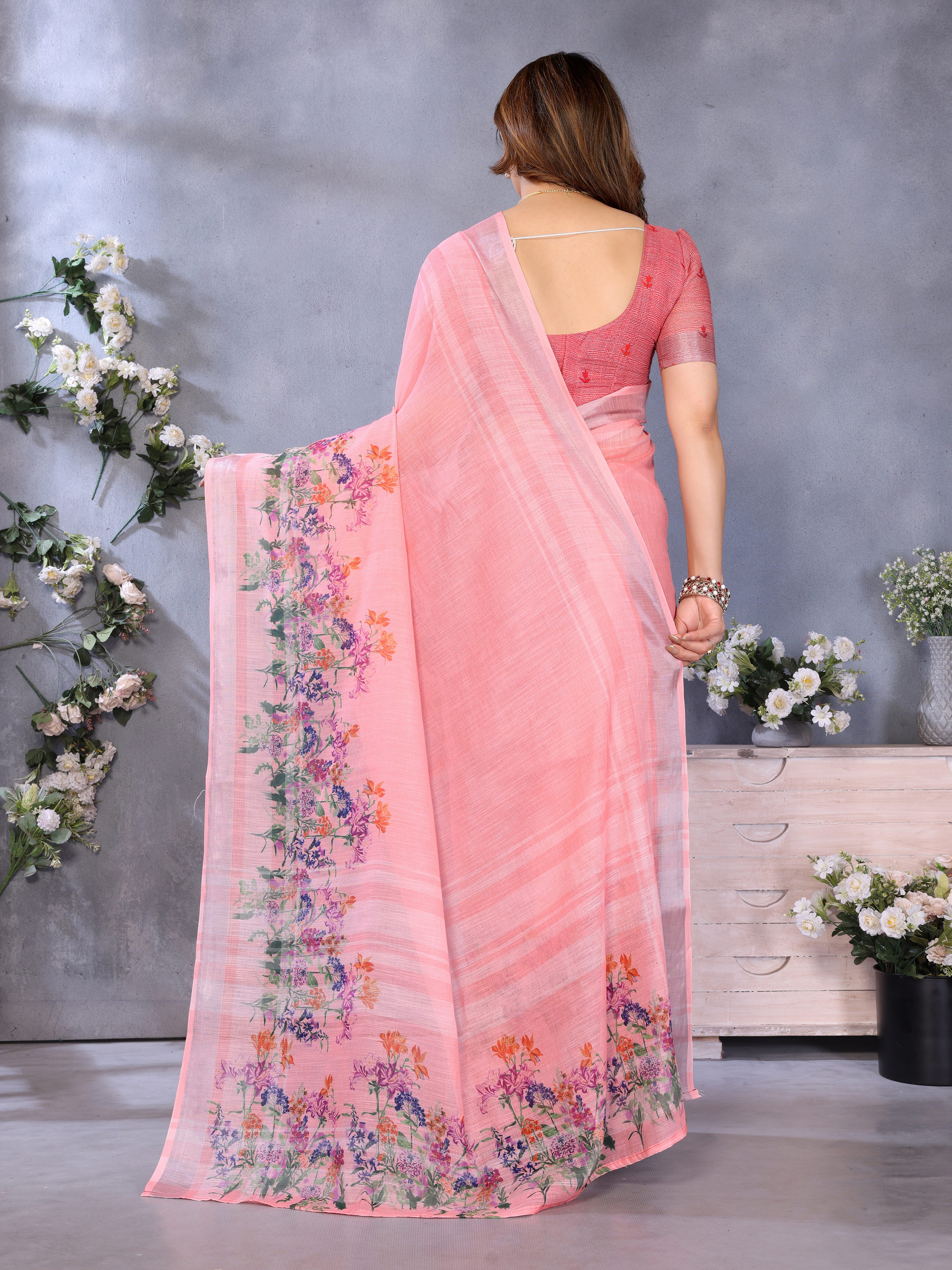 Fabrica Vibe Peach Floral Handwoven LINEN Saree with Printed Border & Blouse Piece