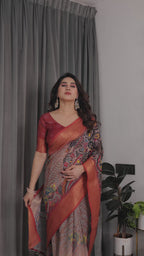 Fabrica Vibe Black Abstract Printed Linen Saree with Copper Zari Border