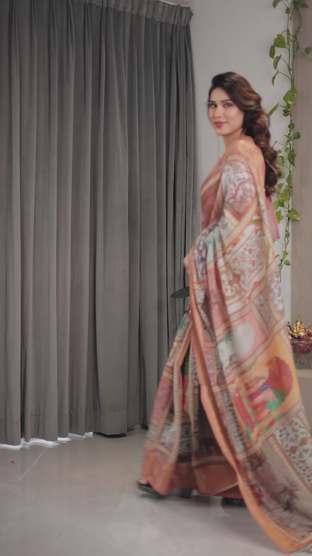 Fabrica Vibe Peach Heritage Patchwork Printed Linen Saree with Rose Gold Zari Border