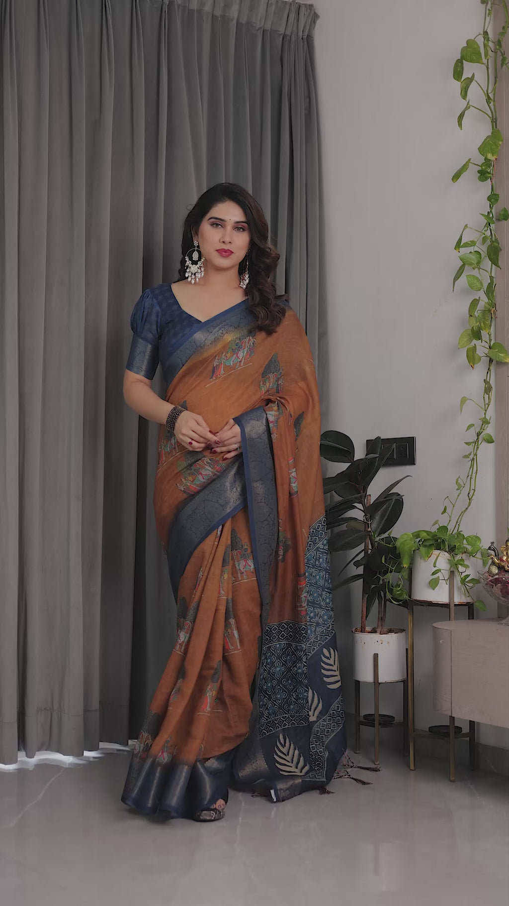 Fabrica Vibe Brown & Navy Blue Printed Linen Blend Saree with Artistic Heritage Motifs