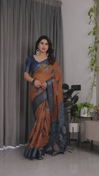 Fabrica Vibe Brown & Navy Blue Printed Linen Blend Saree with Artistic Heritage Motifs