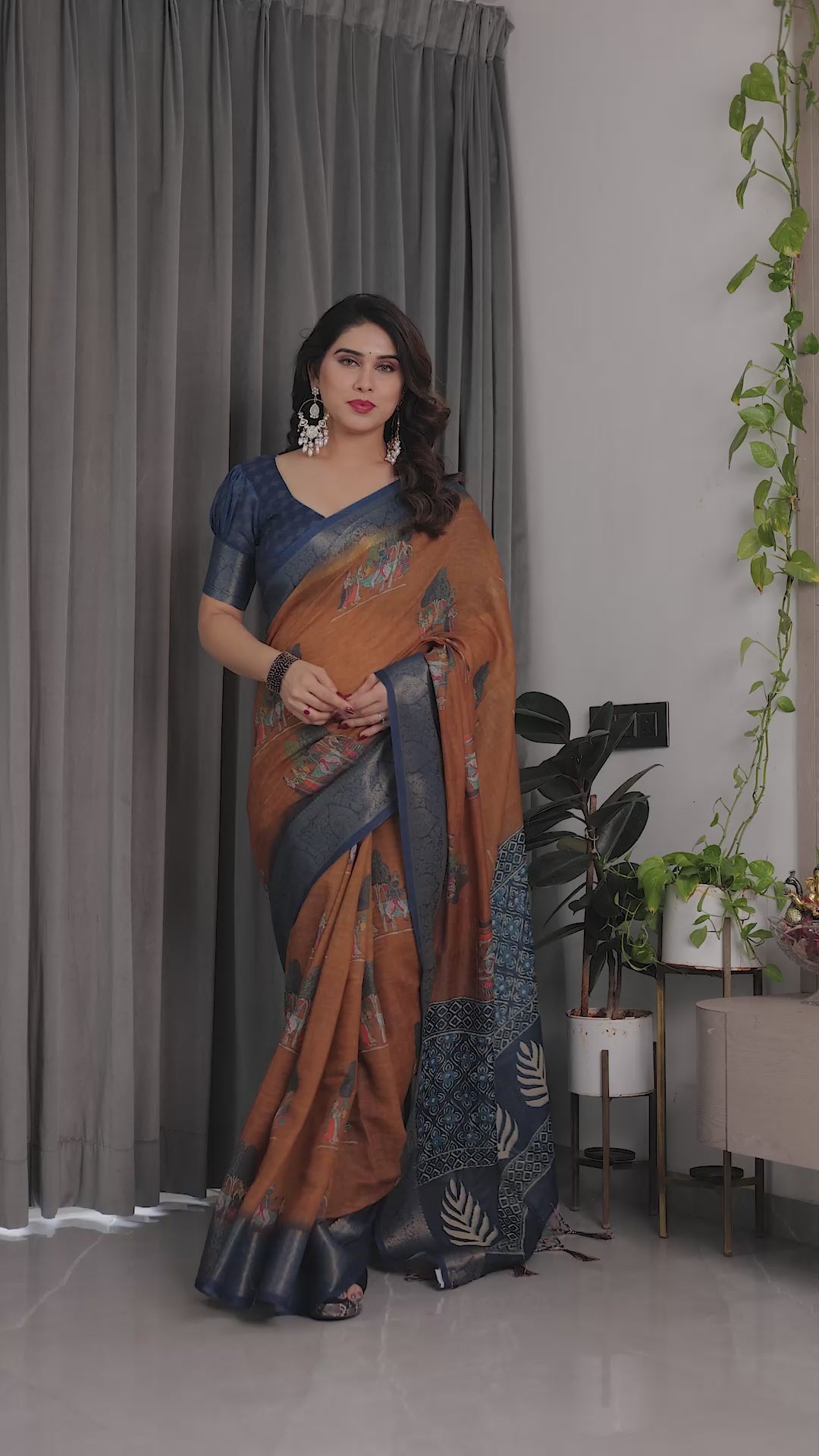 Fabrica Vibe Brown & Navy Blue Printed Linen Blend Saree with Artistic Heritage Motifs