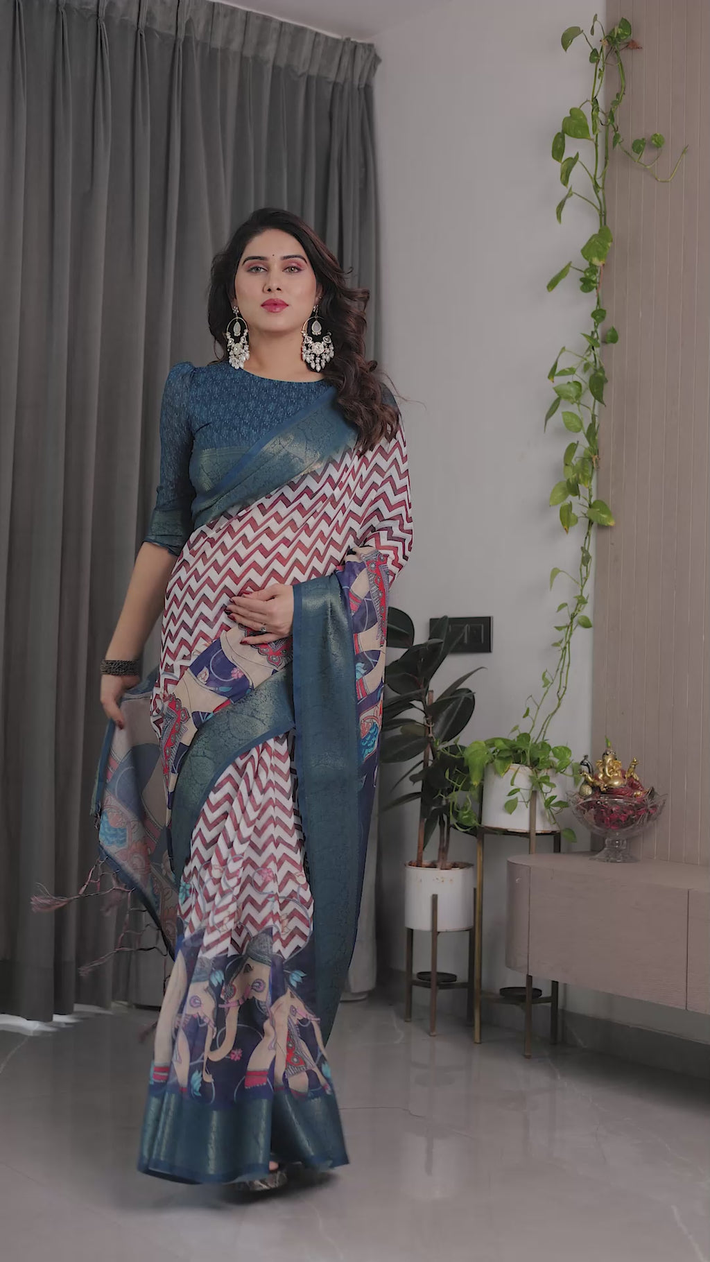 Fabrica Vibe Navy Blue Heritage Printed Linen Blend Saree with Chevron Pattern & Artistic Pallu