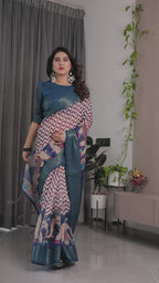 Fabrica Vibe Navy Blue Heritage Printed Linen Blend Saree with Chevron Pattern & Artistic Pallu