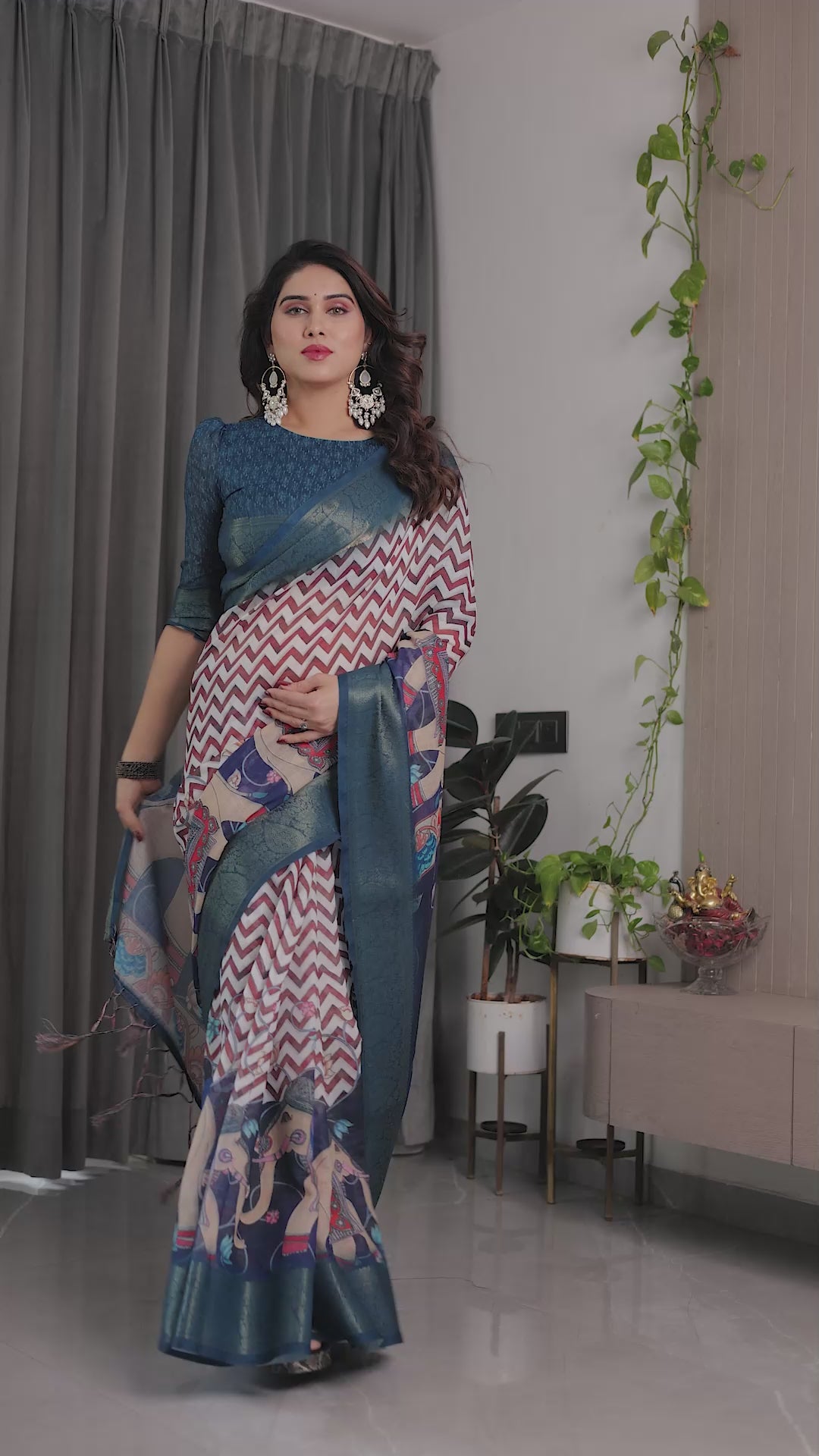 Fabrica Vibe Navy Blue Heritage Printed Linen Blend Saree with Chevron Pattern & Artistic Pallu