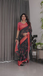 Fabrica Vibe Black Bird & Floral Printed Linen Saree with Peach Zari Border and Tassel Pallu