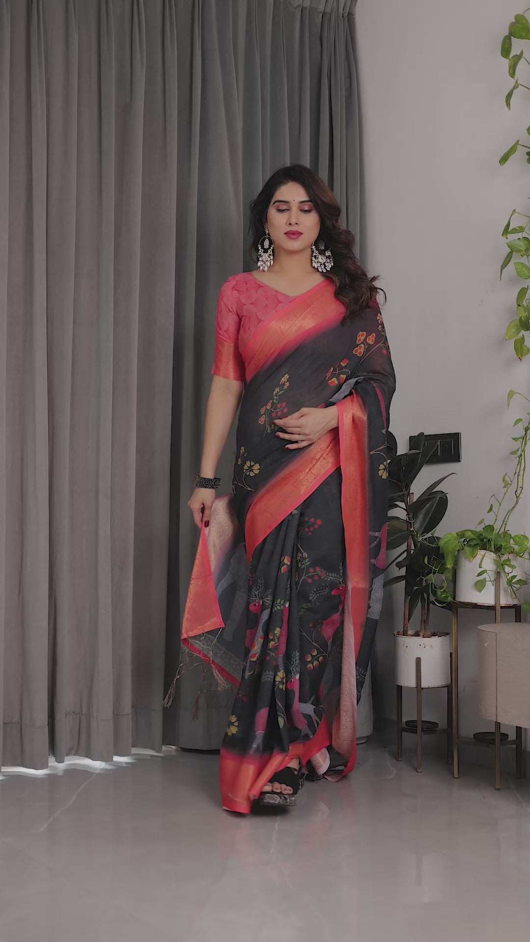 Fabrica Vibe Black Bird & Floral Printed Linen Saree with Peach Zari Border and Tassel Pallu
