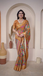 Fabrica Vibe Mustard Cotton Handwoven Kalamkari Print Saree with Woven Border