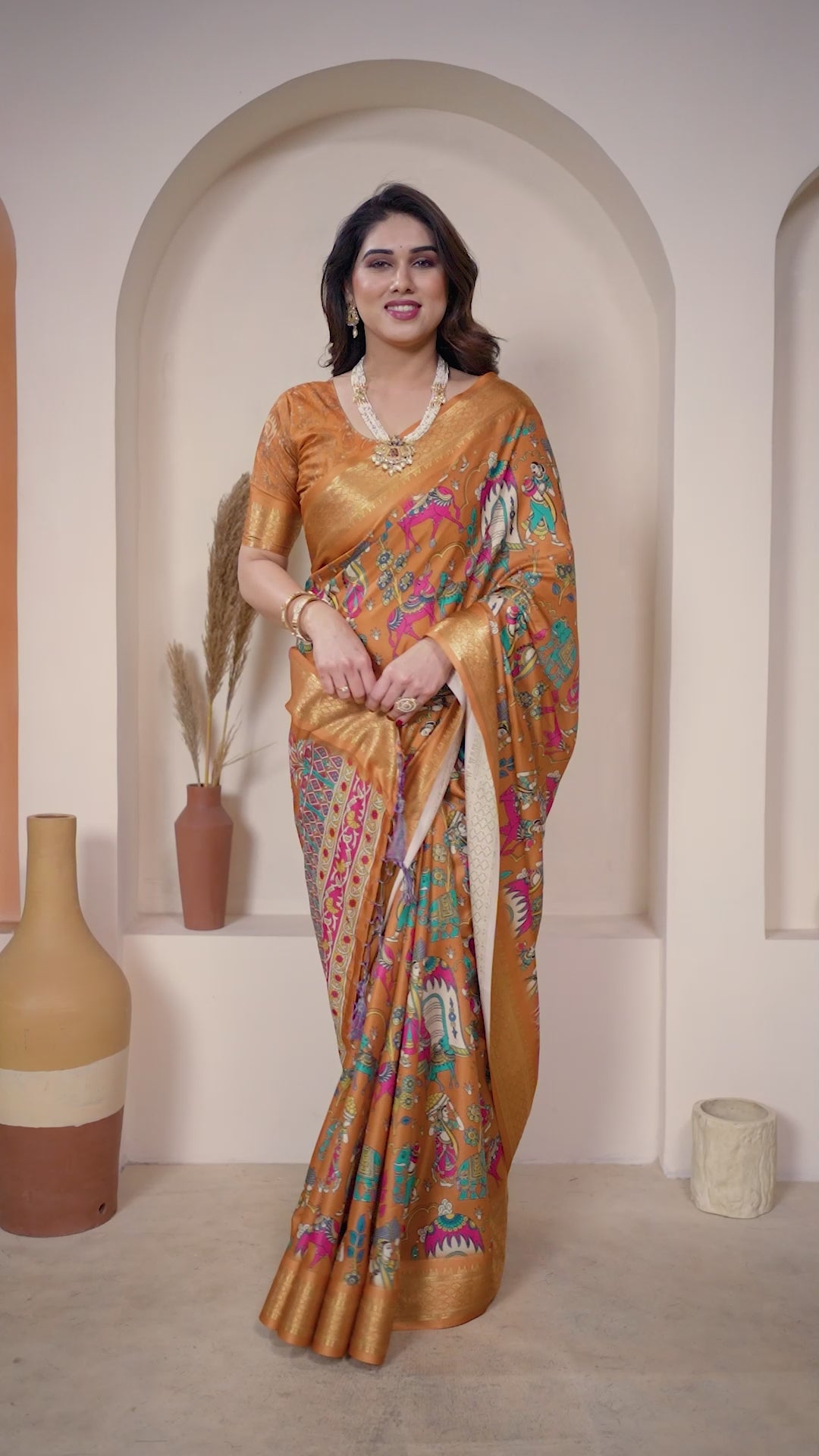 Fabrica Vibe Mustard Cotton Handwoven Kalamkari Print Saree with Woven Border